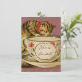 Cat Teacup Niedlich Vintag Viktorianisch Einladung (Stehend Vorderseite)