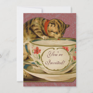 Cat Teacup Niedlich Vintag Viktorianisch Einladung