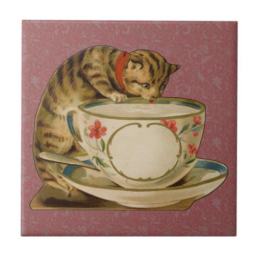 Cat Teacup Niedlich Vintag Viktorianisch Fliese (Vorderseite)