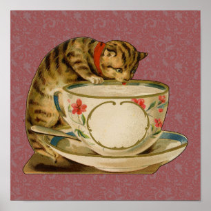 Cat Teacup Niedlich Vintag Viktorianisch Poster