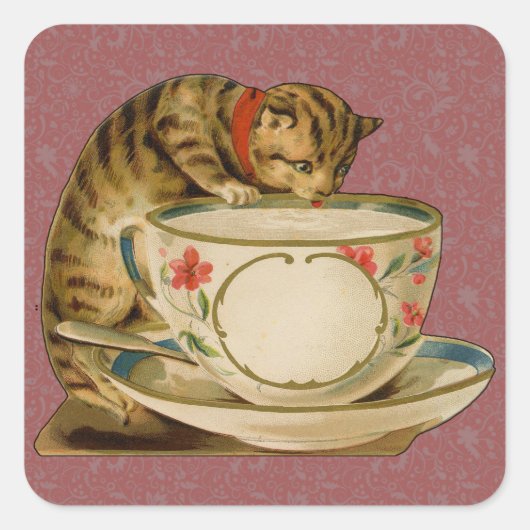Cat Teacup Niedlich Vintag Viktorianisch Quadratischer Aufkleber (Vorderseite)