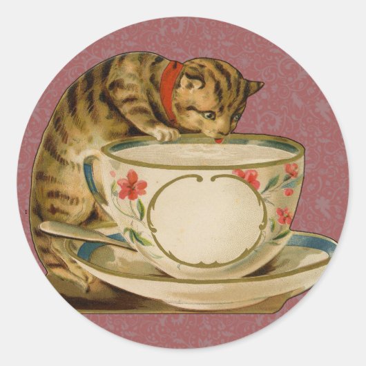 Cat Teacup Niedlich Vintag Viktorianisch Runder Aufkleber (Vorderseite)
