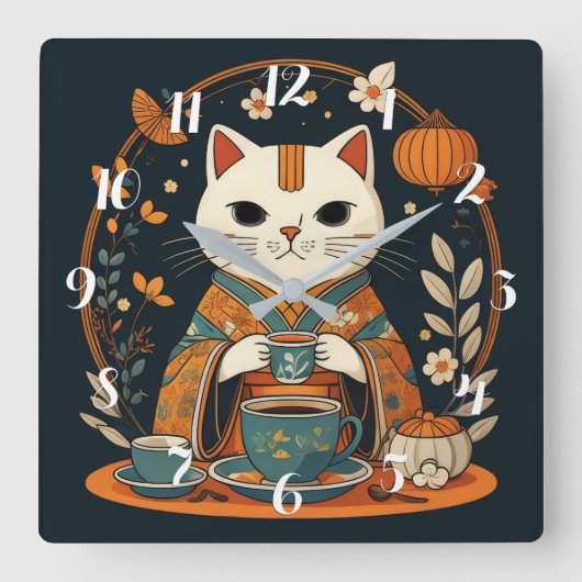Cat Tee Time Japanisch Square Wall Uhr (Vorderseite)