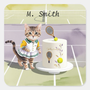 Cat Tennis Player auf dem Platz mit Geburtstagskuc Quadratischer Aufkleber