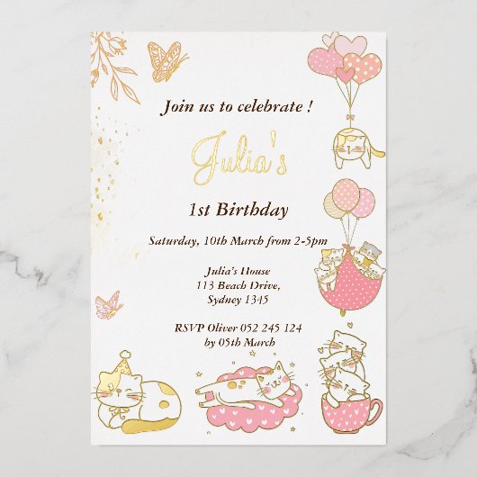 Cat Thema Baby Mädchen 1. Geburtstag Folieneinladung (Vorderseite)