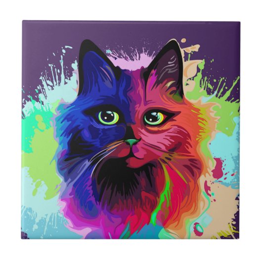 Cat Trippy Psychedelic Pop Art Fliese (Vorderseite)