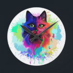 Cat Trippy Psychedelic Pop Art Runde Wanduhr<br><div class="desc">Psychedelischer Trippy Pop Art Cat Portrait auf farbenfrohen Paint Spritzern. Original Vector IllustrationCopyright BluedarkArt The ChameleonArt.</div>