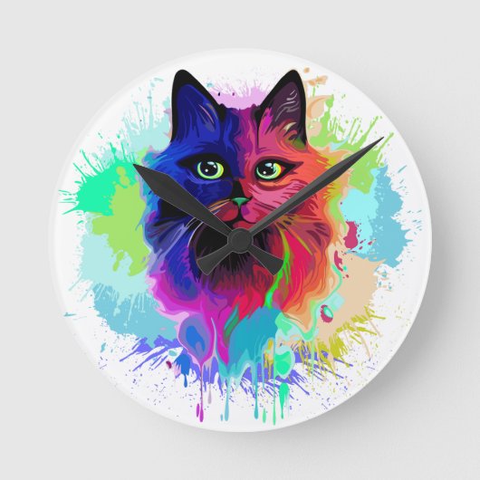 Cat Trippy Psychedelic Pop Art Runde Wanduhr (Vorderseite)