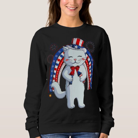 Cat Uncle Sam Hat uns Flag 4. Juli Kinder Sweatshirt (Vorderseite)
