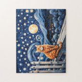 Cat Under Starry Night Wasserfarbe Puzzle (Vertikal)