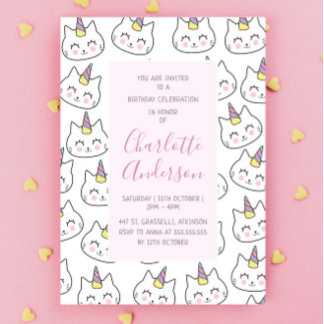 Cat Unicorn Aquamarines Muster Pink Geburtstagspar Einladung