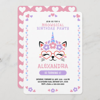 Cat Unicorn Herz Pink Lila Blue Geburtstagsparty Einladung