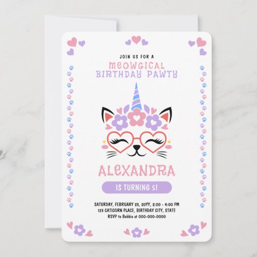 Cat Unicorn Lila Pink Blue Birthday Party Einladung (Vorderseite)