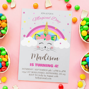 Cat Unicorn Magical Day Girl's Birthday Party Einladung