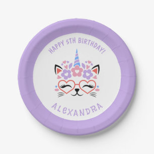 Cat Unicorn Name Lila Pink Blue Birthday Party Pappteller