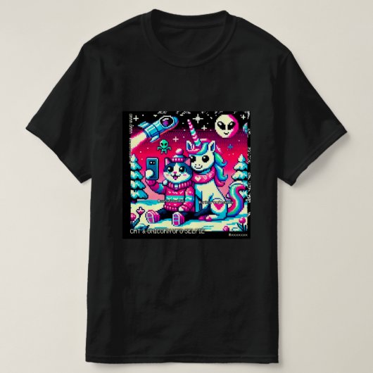 Cat & Unicorn UFO Selfie: Big Meeting #7 T-Shirt (Design vorne)