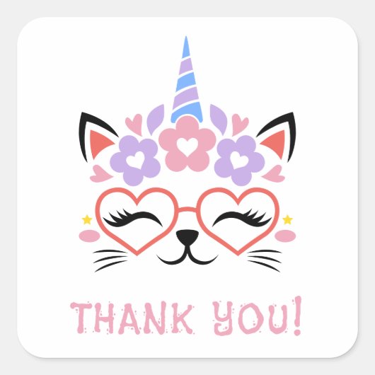 Cat Unicorn Vielen Dank Pink Lila Blue Niedlich Fu Quadratischer Aufkleber (Vorderseite)
