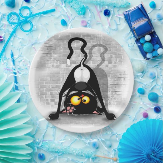 Cat Upside Down Funny Cartoon Charakter Pappteller (Party)