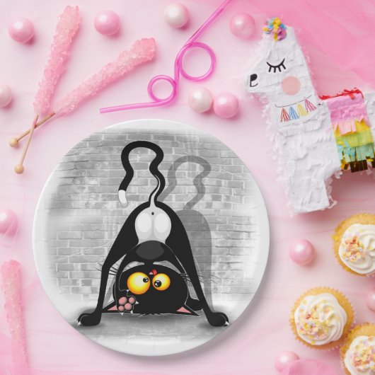 Cat Upside Down Funny Cartoon Charakter Pappteller (Party)