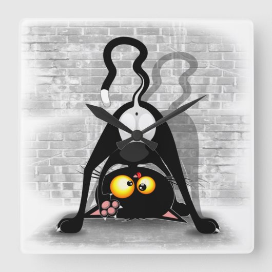 Cat Upside Down Funny Cartoon Charakter Quadratische Wanduhr (Vorderseite)