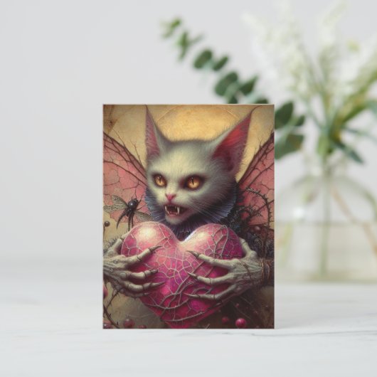 Cat Vampire Fairy Pink Heart Brambles Postkarte (Stehend Vorderseite)