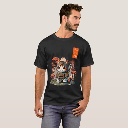 Cat Warrior Japanisch Schriftkunst für Kawaii T-Shirt (Vorne ganz)