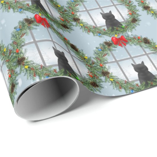 Cat Watching Birds Weihnachtskranz Geschenkpapier (Rolleneckpunkt)