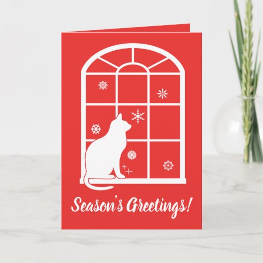 Cat Watching Schneeflocken durch Fenster Feiertagskarte (Vorderseite)