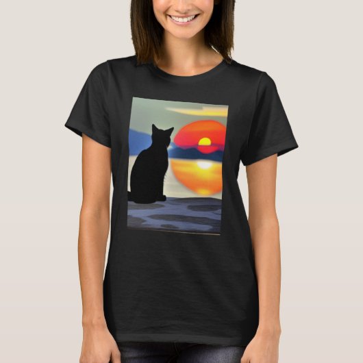 Cat Watching Sunset scene Black Cat Sunset T-Shirt (Vorderseite)