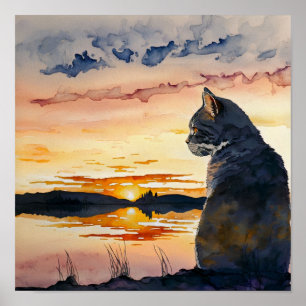 Cat Watching the Sunset Watercolor Poster