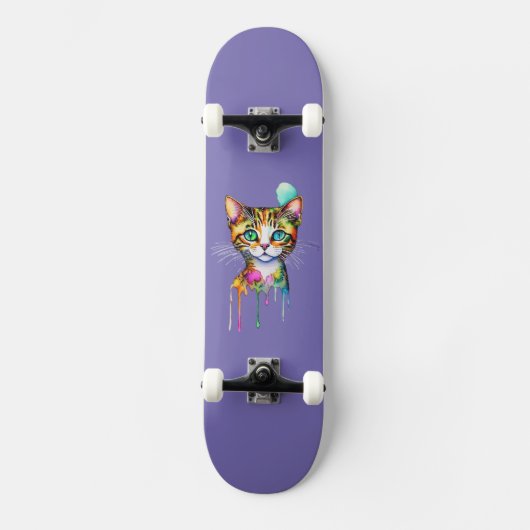 Cat Watercolor farbig Skateboard (Vorderseite)