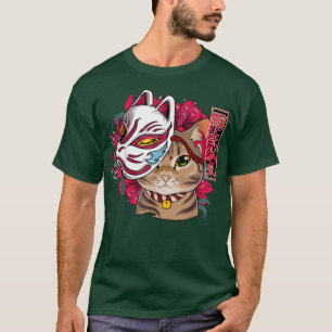 Cat Wearing Kitsune Mask Kawaii Anime Cat Japanisc T-Shirt