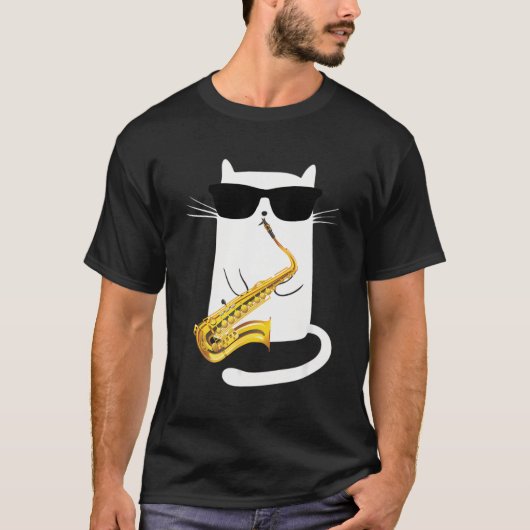 Cat Wearing Sonnenbrille Saxophon spielen T-Shirt (Vorderseite)