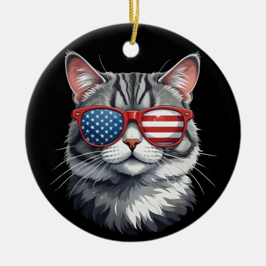 Cat Wearing Sonnenbrillen American Flag 4. Juli C Keramik Ornament (Vorne)