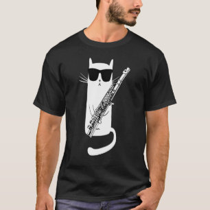 Cat Wearing Sunglasses Playing Flute Musician Kids T-Shirt