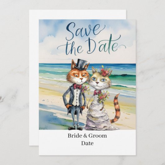 Cat Wedding Beach Hochzeit Einladung (Vorne/Hinten)