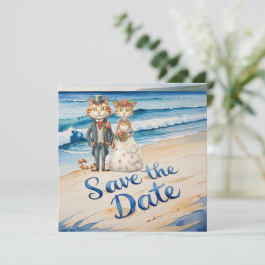 Cat Wedding Beach Hochzeit Save The Date (Stehend Vorderseite)