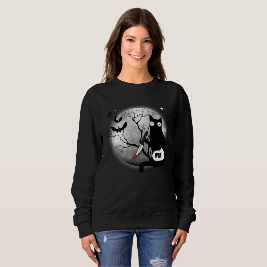 Cat What Assassin Murderous Cat & Knife Halloween Sweatshirt (Vorne ganz)