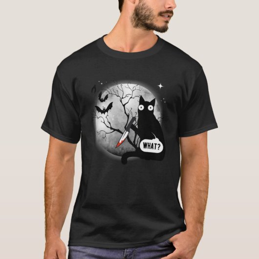 Cat What Assassin Murderous Cat & Knife Halloween T-Shirt (Vorderseite)
