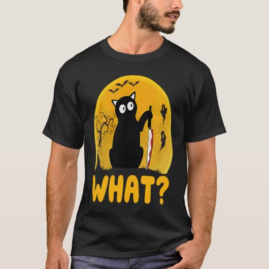 Cat What Black Cat Murderous Cat With Knife Hallo T-Shirt (Vorderseite)