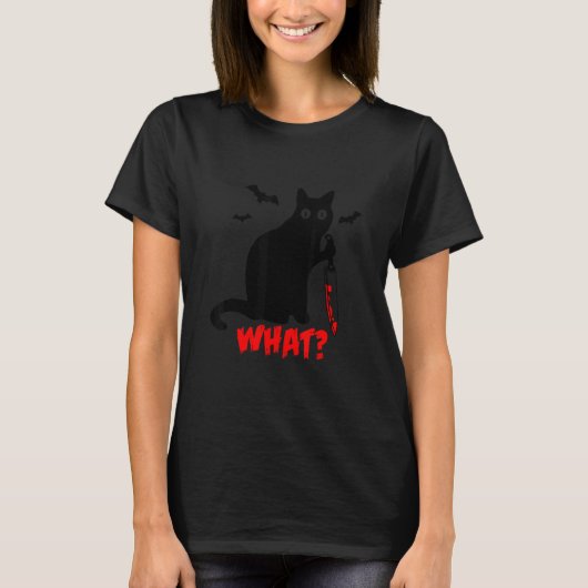 Cat What Black Cat Murderous Cat With Knife Hallo T-Shirt (Vorderseite)