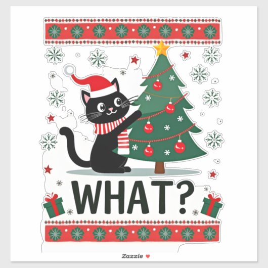 Cat What Funny Black Cat Pushing Christmas Tree Ug Aufkleber (Blatt)