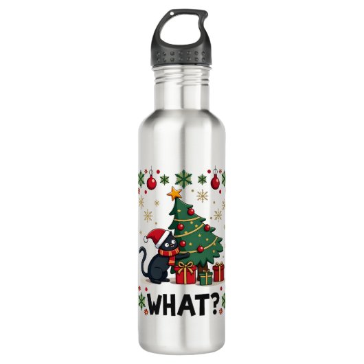Cat What Funny Black Cat Pushing Christmas Tree Ug Edelstahlflasche (Vorderseite)