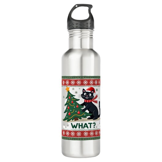 Cat What Funny Black Cat Pushing Christmas Tree Ug Edelstahlflasche (Vorderseite)
