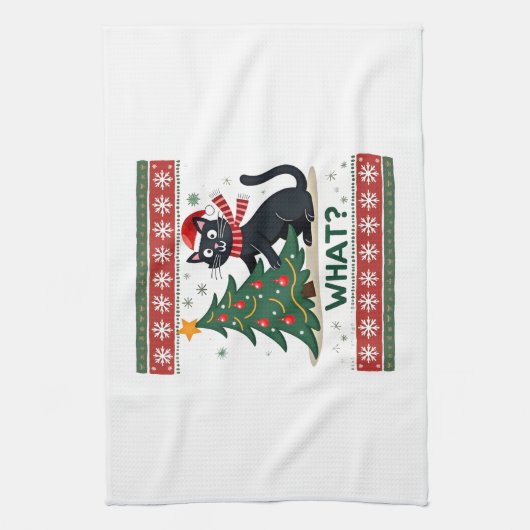 Cat What Funny Black Cat Pushing Christmas Tree Ug Geschirrtuch (Vertikal)