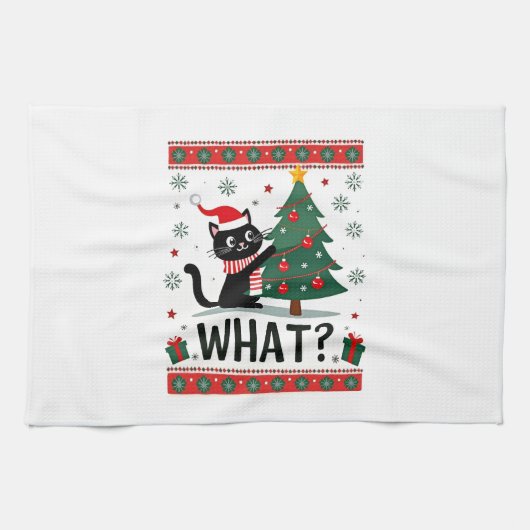 Cat What Funny Black Cat Pushing Christmas Tree Ug Geschirrtuch (Horizontal)
