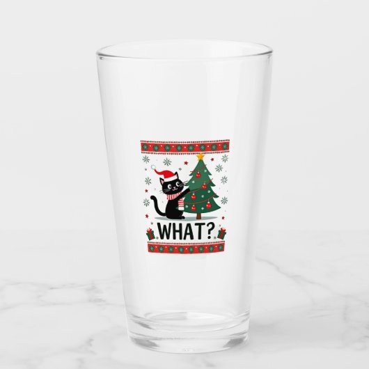 Cat What Funny Black Cat Pushing Christmas Tree Ug Glas (Vorderseite)