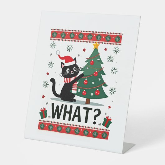 Cat What Funny Black Cat Pushing Christmas Tree Ug Sockelschild (Vorderseite)
