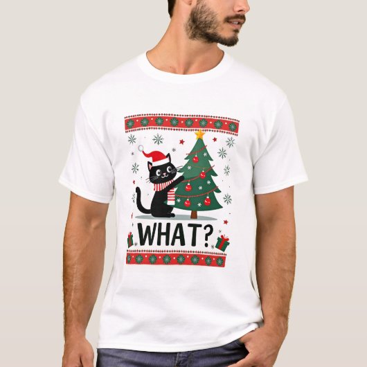 Cat What Funny Black Cat Pushing Christmas Tree Ug T-Shirt (Vorderseite)