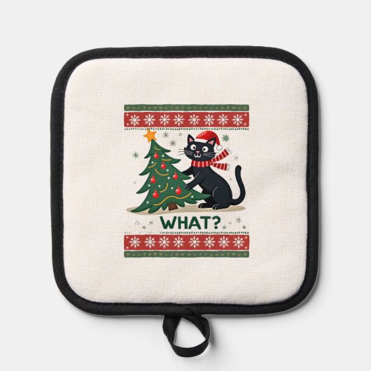 Cat What Funny Black Cat Pushing Christmas Tree Ug Topflappen (Vorderseite)